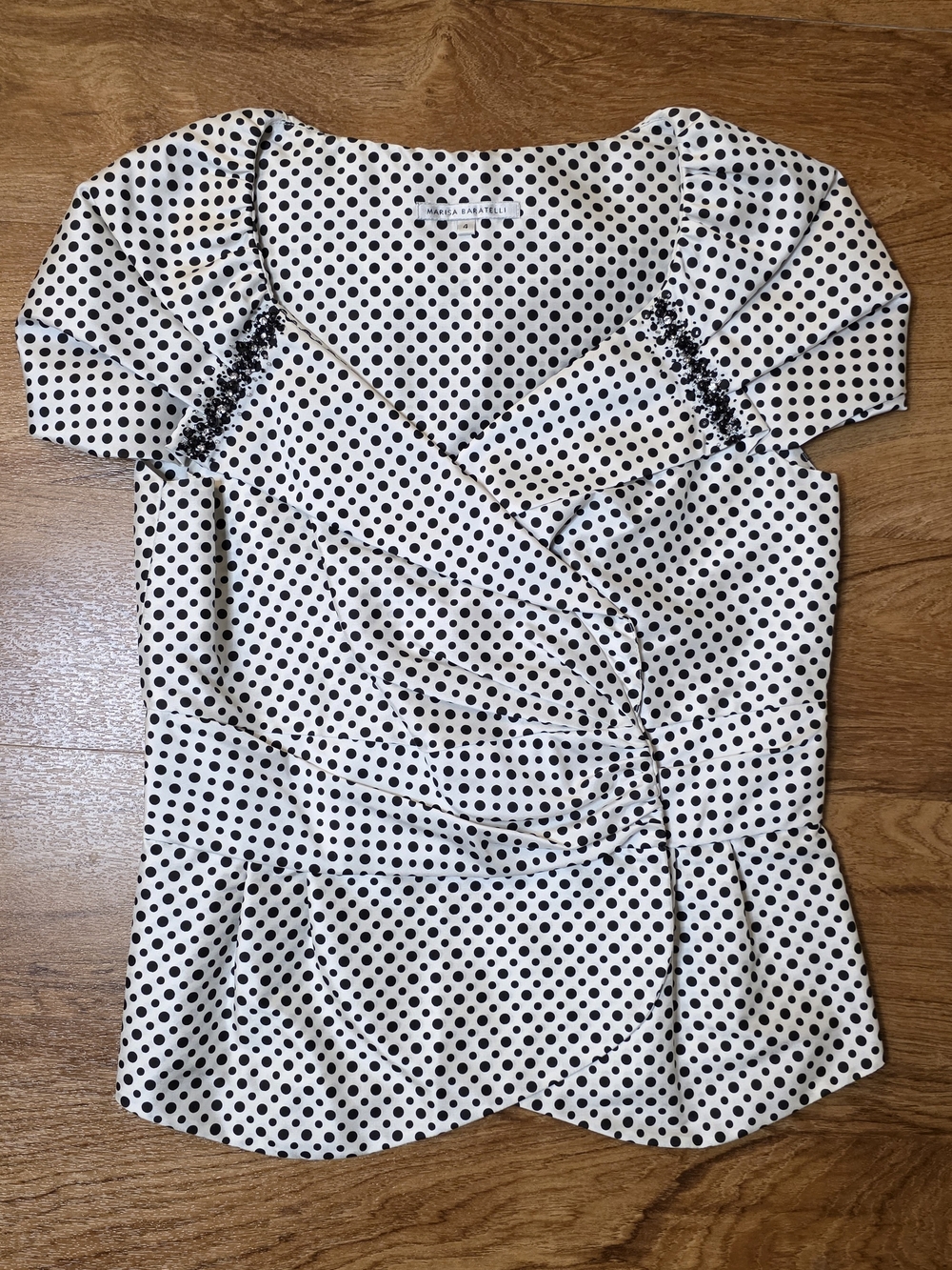 Marisa Baratelli White & Black Silk Polka Dot Short Sleeve Blouse
